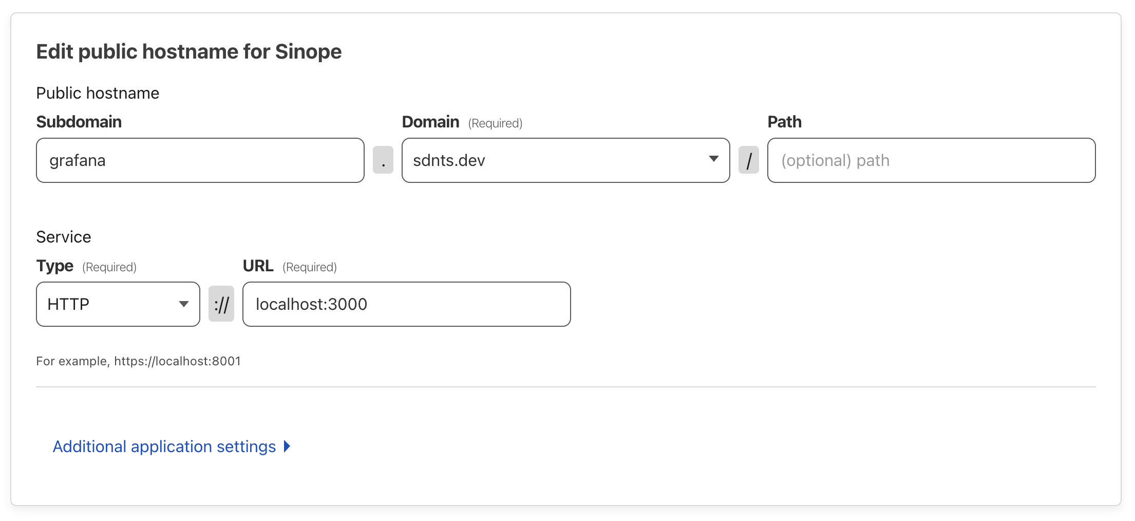 A screenshot with text boxes that describe the mapping from the VPS's local port 3000 to the public hostname grafana.sdnts.dev.